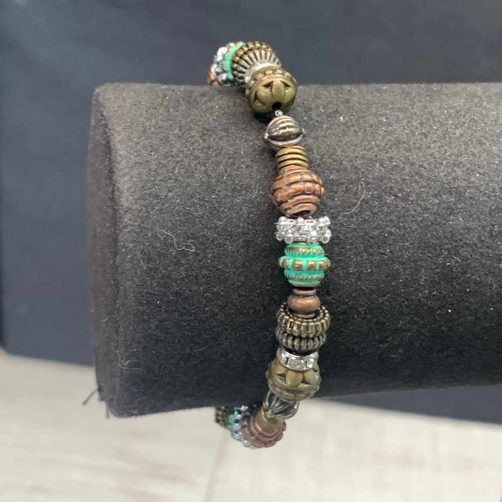 Boho Mixed Metal Beaded Stretch Bracelet Turquoise Patina Rhinestone Accents